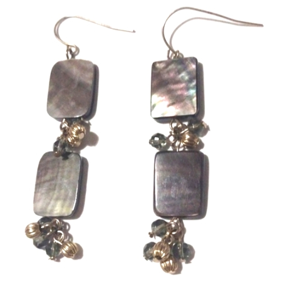VINTAGE ABALONE SHELL AND TINY BEADED DROP DANGLE HOOK 3" EARRINGS